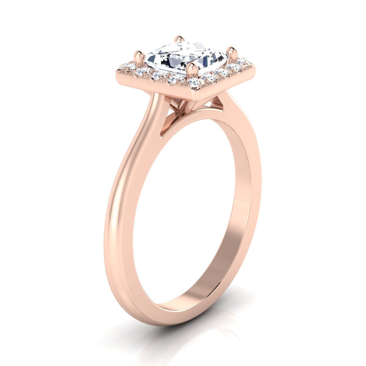 Classic French Pavé Halo Princess, in 14K Rose Gold, pave setting – side profile | RockHer
