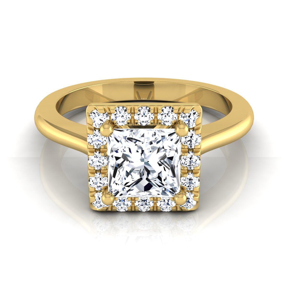 แหวนหมั้นเพชรทรงเจ้าหญิงแบบคลาสสิกฮาโล่ฝรั่งเศสประดับเพชร 14K ทองคำเหลือง - 1/4ctw