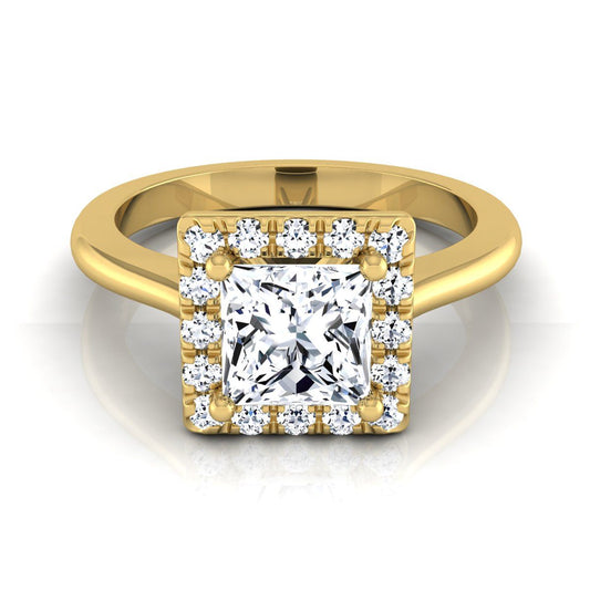 แหวนหมั้นเพชรทรงเจ้าหญิงแบบคลาสสิก ฮาโล่ ฝรั่งเศสปาเว่ ทองคำเหลือง 18K - 1/4ctw