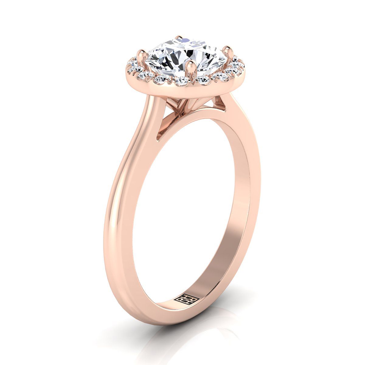 Round Brilliant, Classic French Pavé Halo Round, in 14K Rose Gold, pave setting – side profile | RockHer
