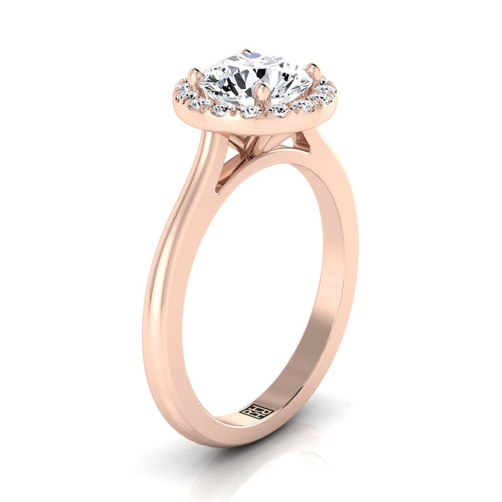 Round Brilliant, Classic French Pavé Halo Round, in 14K Rose Gold, pave setting – side profile | RockHer