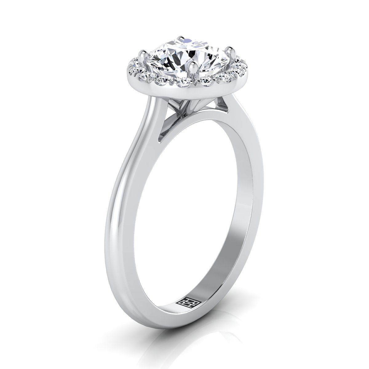 Round Brilliant, Classic French Pavé Halo Round, in Platinum, pave setting – side profile | RockHer