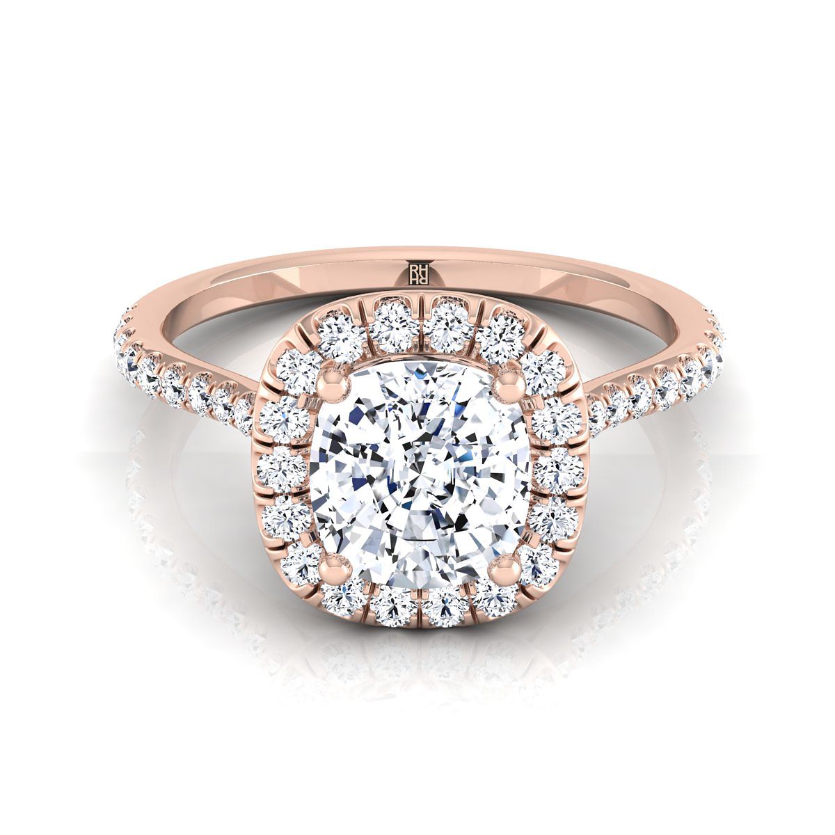 Classic Shared Prong Halo Cushion, in 14K Rose Gold, pave setting | RockHer