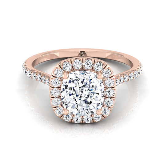 Classic Shared Prong Halo Cushion, in 14K Rose Gold, pave setting | RockHer