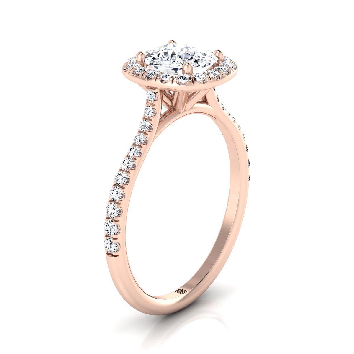 Classic Shared Prong Halo Cushion, in 14K Rose Gold, pave setting – side profile | RockHer
