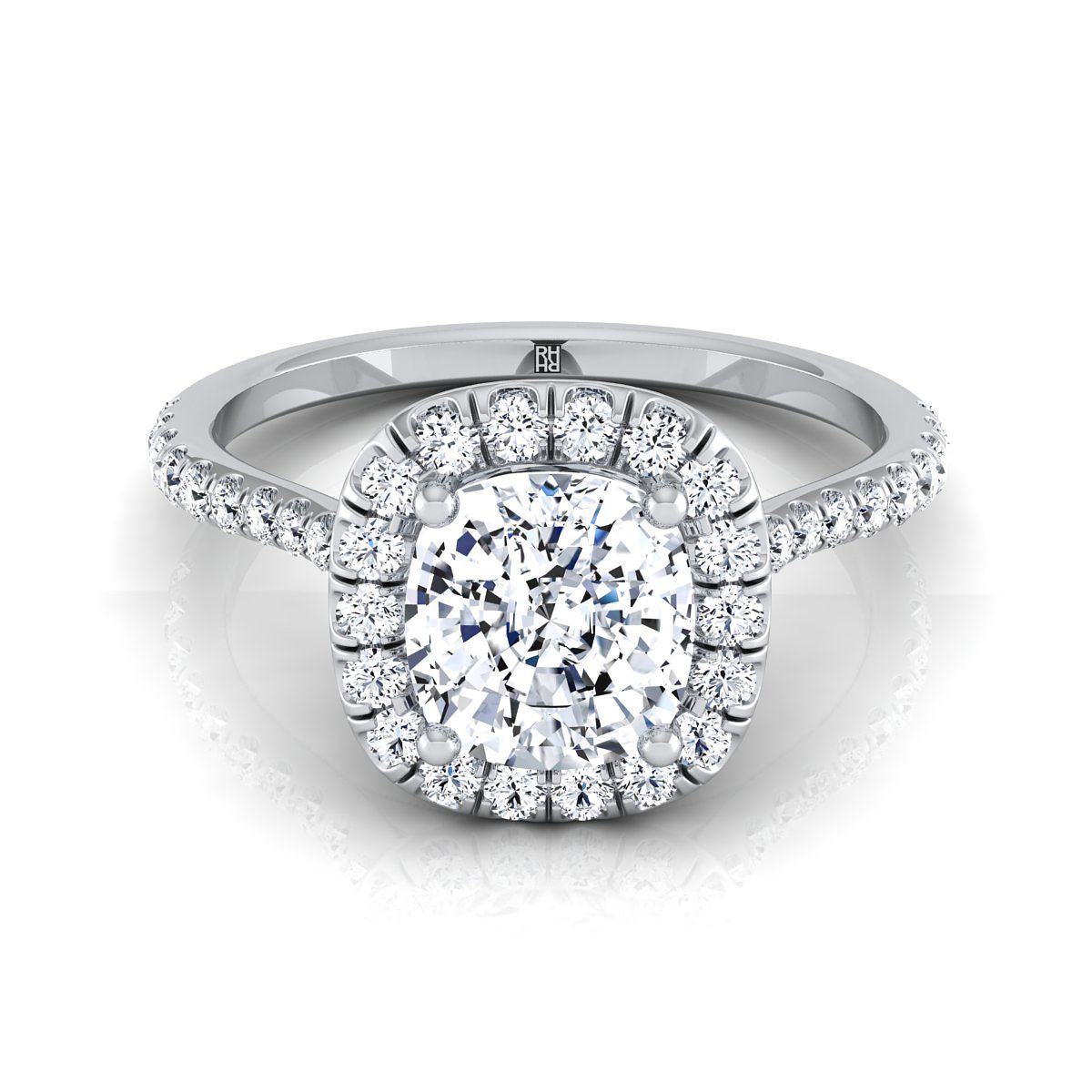 Classic Shared Prong Halo Cushion, in Platinum, pave setting | RockHer