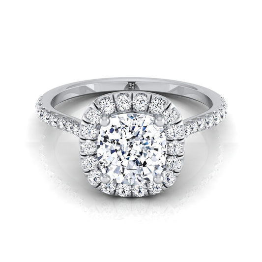 Classic Shared Prong Halo Cushion, in Platinum, pave setting | RockHer