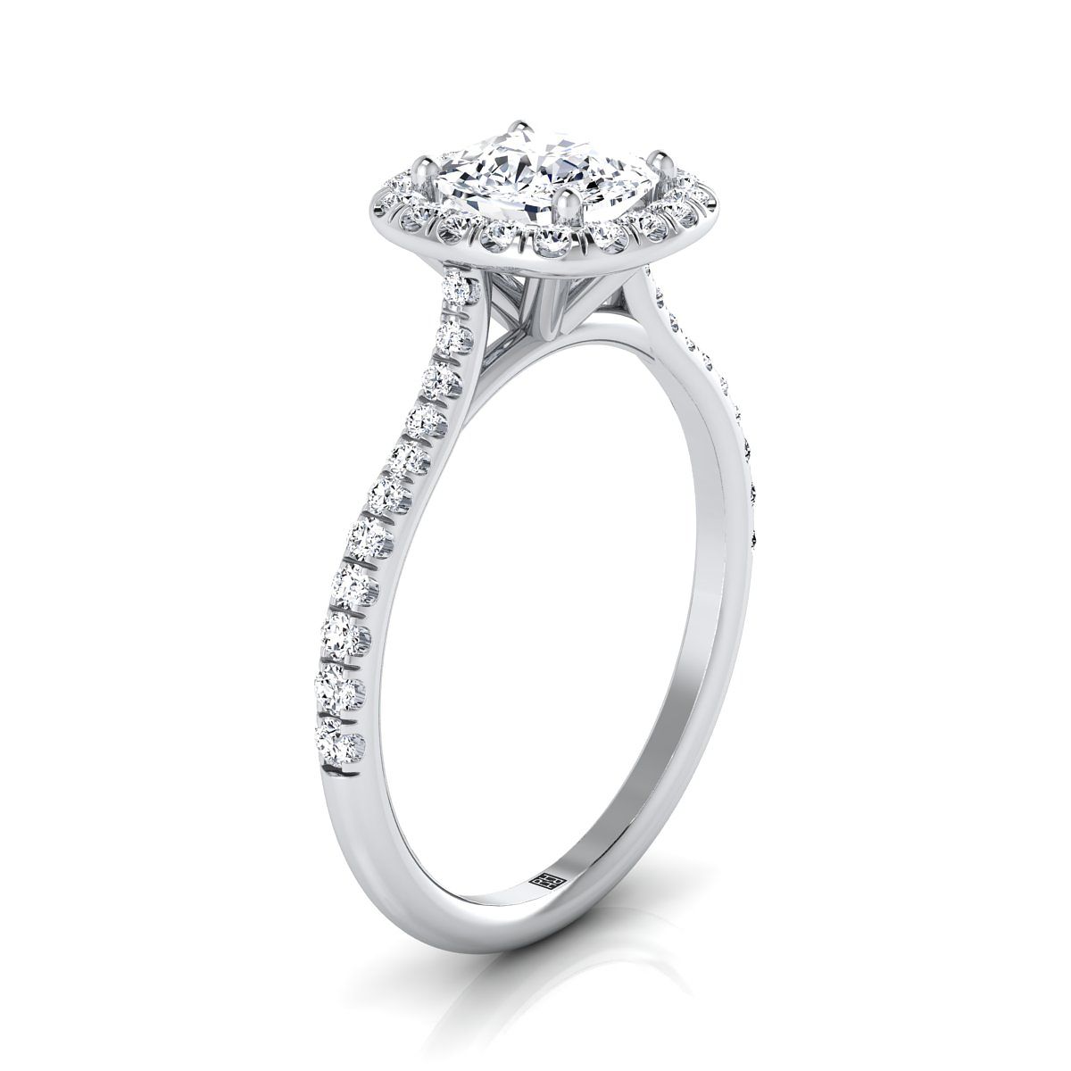 Classic Shared Prong Halo Cushion, in Platinum, pave setting – side profile | RockHer