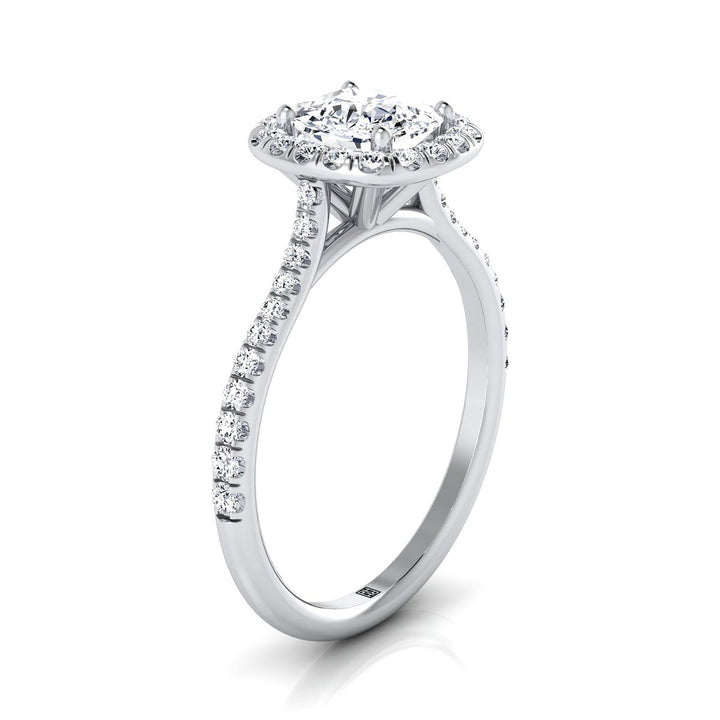 Classic Shared Prong Halo Cushion, in Platinum, pave setting – side profile | RockHer