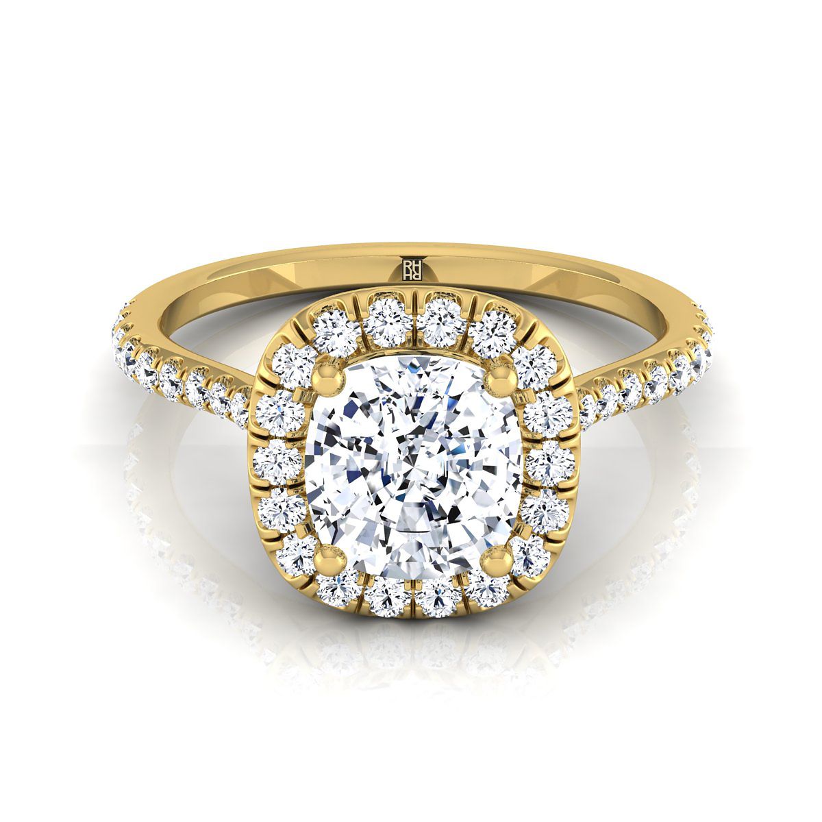 Classic Shared Prong Halo Cushion, in 18K Yellow Gold, pave setting | RockHer