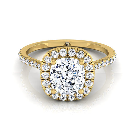 Classic Shared Prong Halo Cushion, in 18K Yellow Gold, pave setting | RockHer