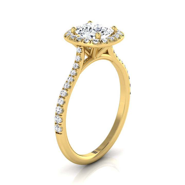 Classic Shared Prong Halo Cushion, in 18K Yellow Gold, pave setting – side profile | RockHer