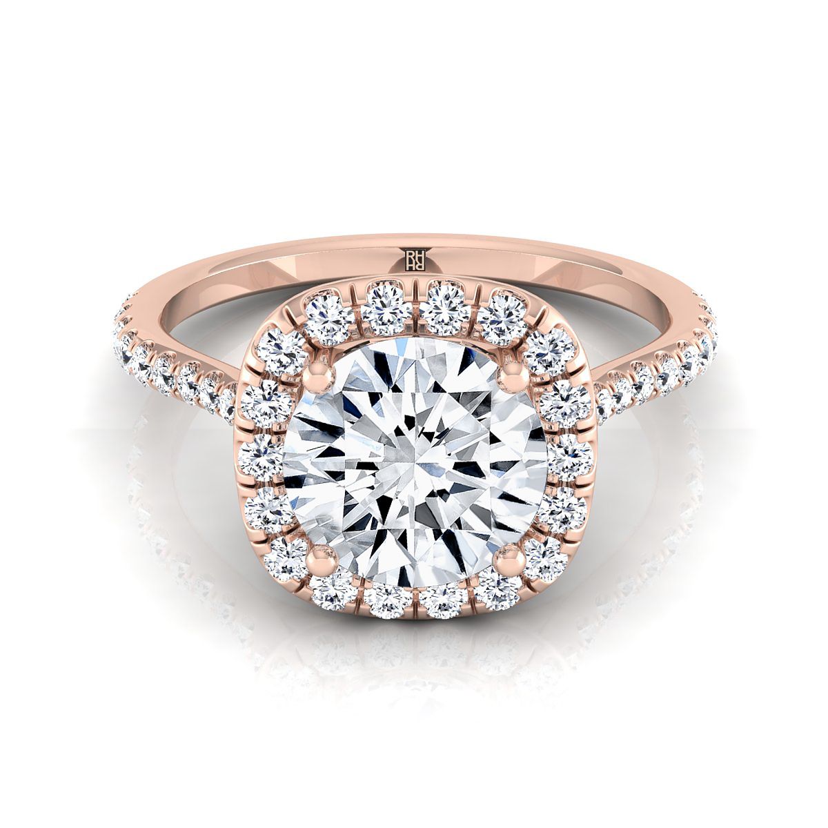 Round Brilliant, Classic Shared Prong Halo Round, in 14K Rose Gold, pave setting – view 8 | RockHer