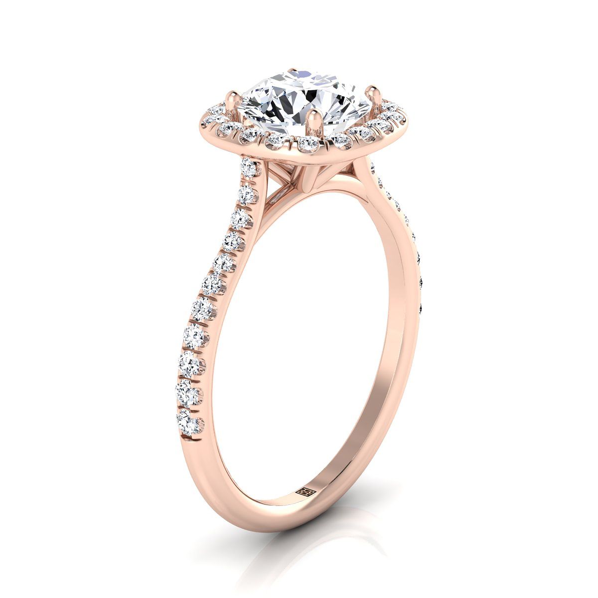 Round Brilliant, Classic Shared Prong Halo Round, in 14K Rose Gold, pave setting – view 9 | RockHer