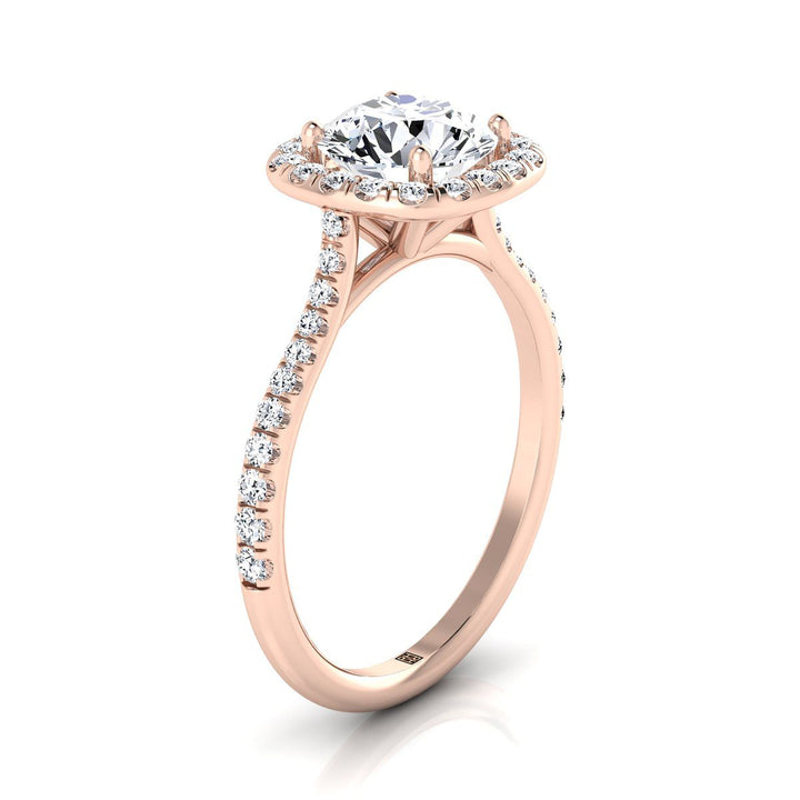 Round Brilliant, Classic Shared Prong Halo Round, in 14K Rose Gold, pave setting – view 9 | RockHer