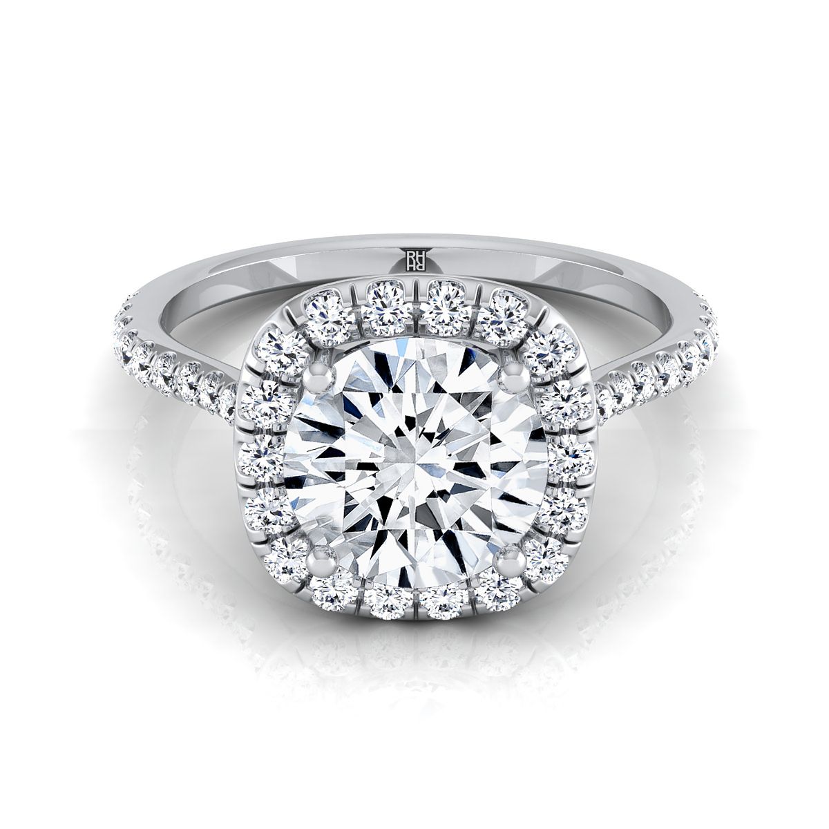 Round Brilliant, Classic Shared Prong Halo Round, in Platinum, pave setting – view 8 | RockHer