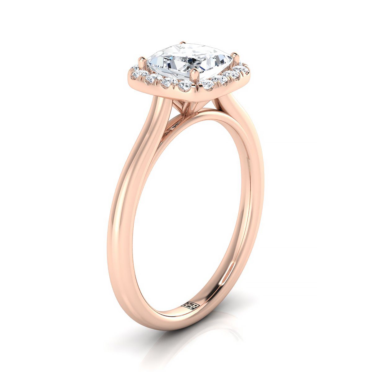 Classic Prong Diamond Halo Princess, in 14K Rose Gold – side profile | RockHer