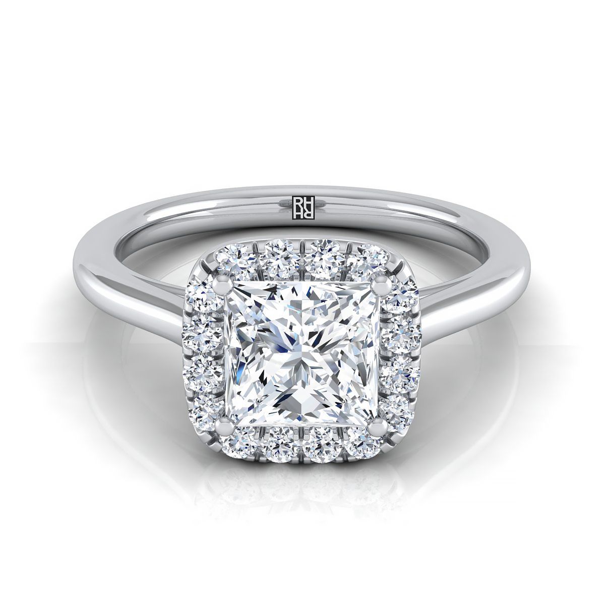 Classic Prong Diamond Halo Princess, in Platinum, pave setting | RockHer
