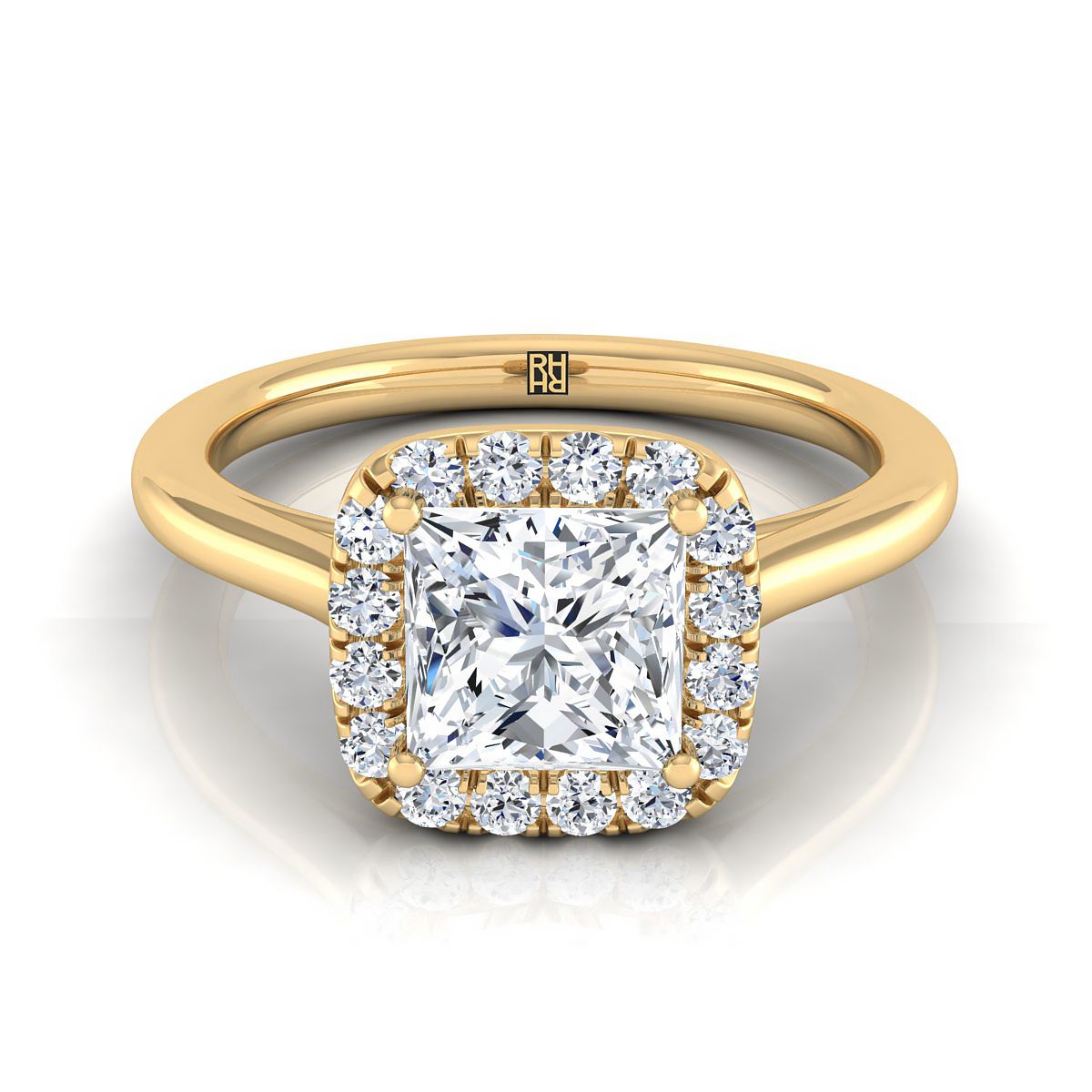 Classic Prong Diamond Halo Princess, in 18K Yellow Gold, pave setting | RockHer