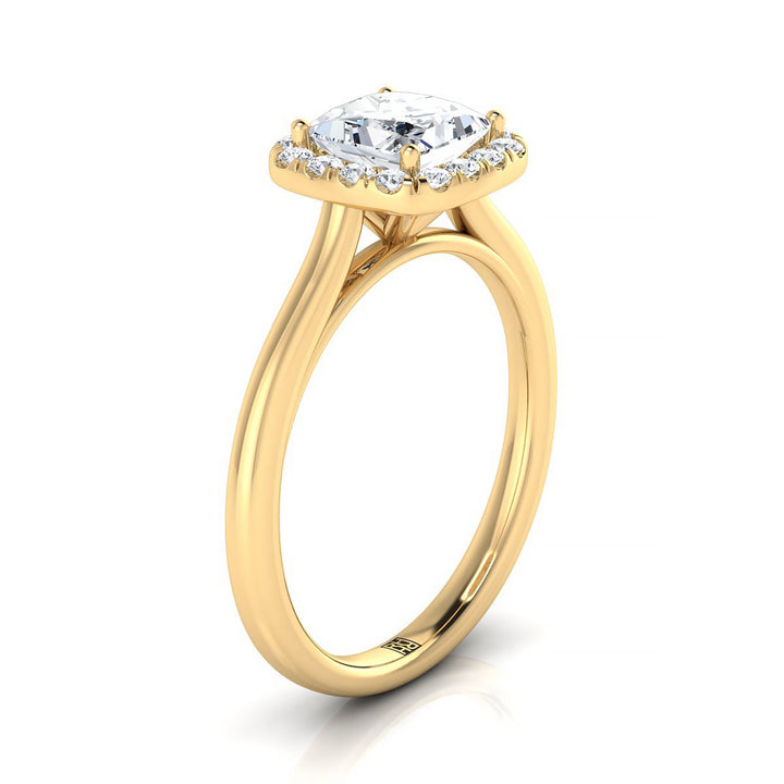 Classic Prong Diamond Halo Princess, in 18K Yellow Gold, pave setting – side profile | RockHer
