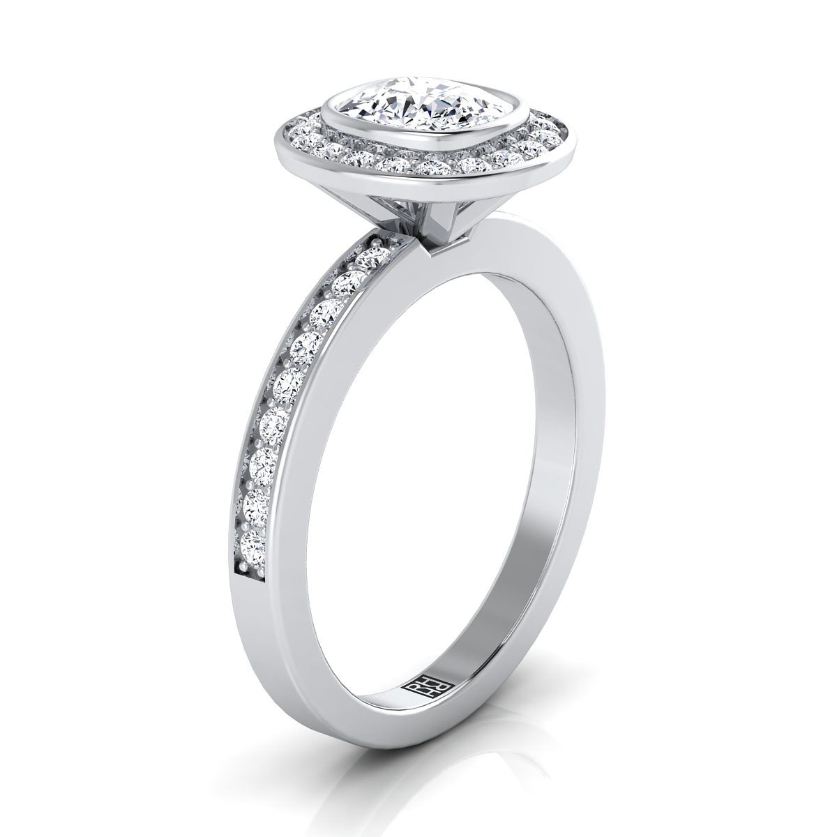 Bezel Halo Channel Band Cushion, in 18K White Gold – view 9 | RockHer