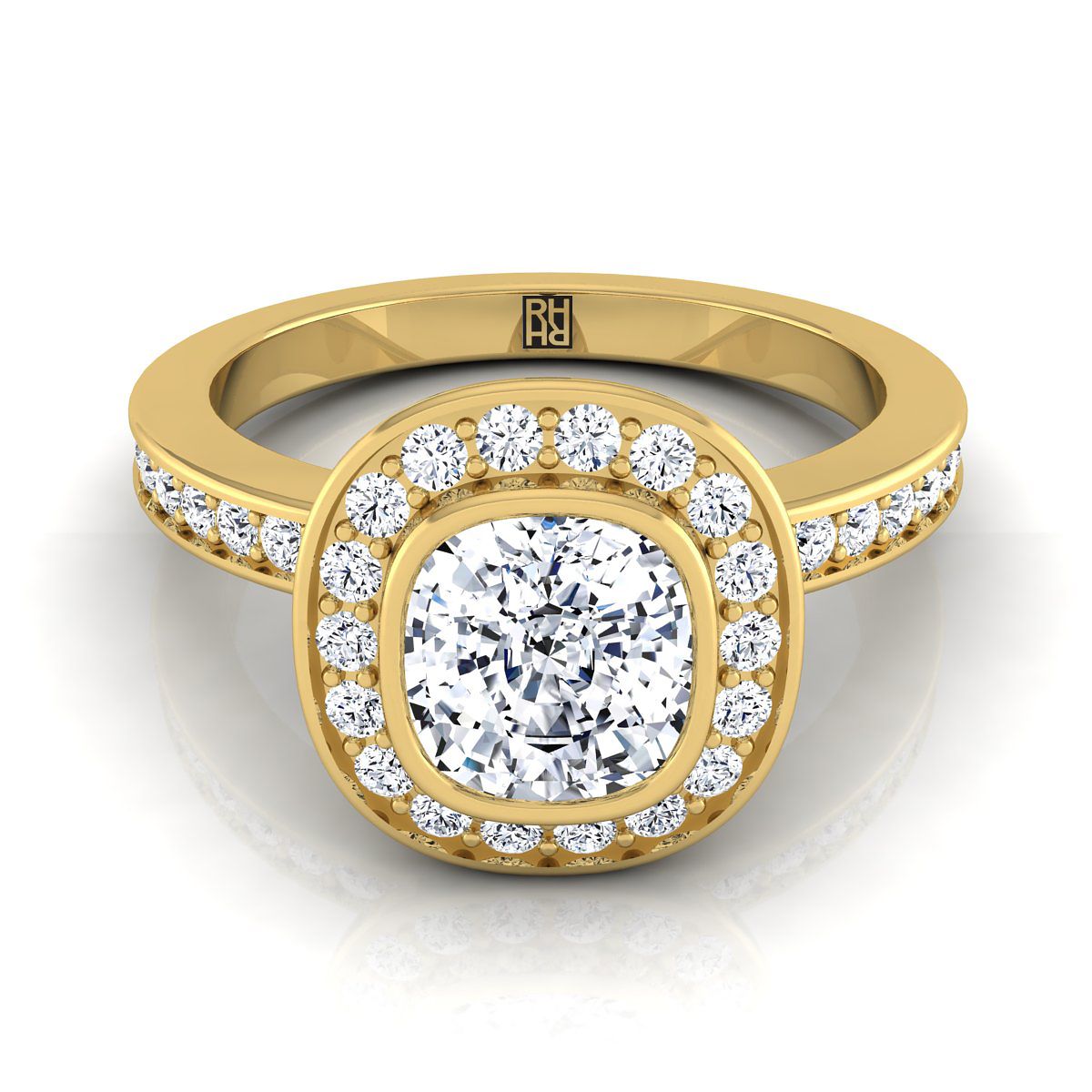 Bezel Halo Channel Band Cushion, in 18K Yellow Gold | RockHer