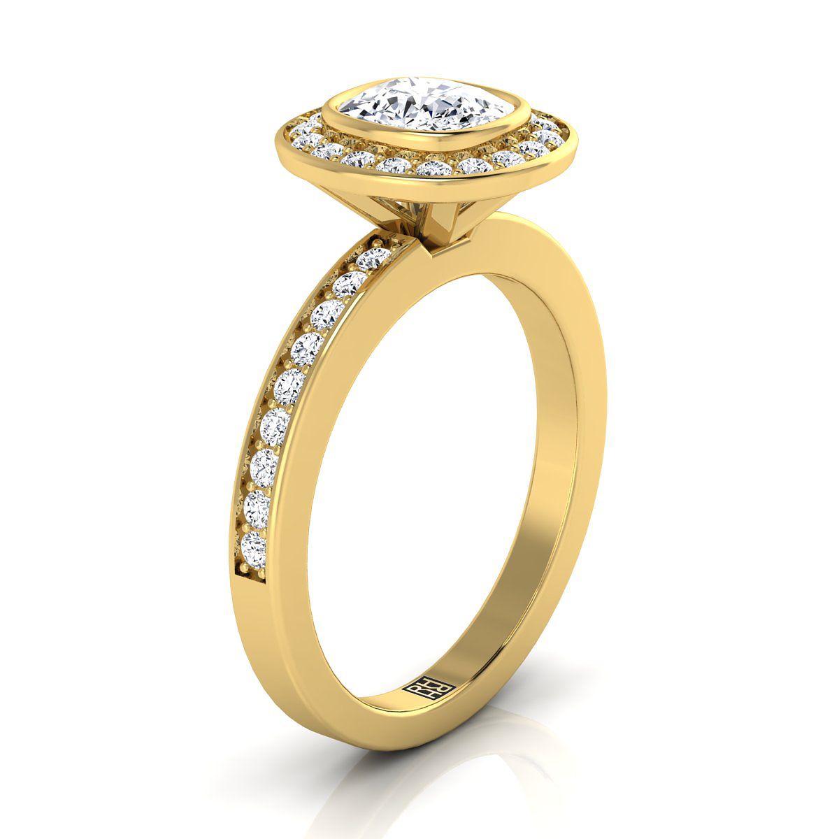 แหวนหมั้นทองคำเหลือง 18K รูปหมอน ประดับเพชร พร้อมแหวนวงคู่แบบฮาโลและแชนแนล - 3/8 กะรัตรวม