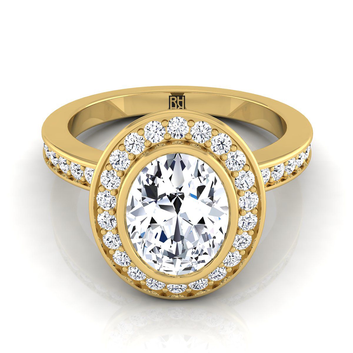 แหวนหมั้นทองคำเหลือง 18K รูปไข่ ประดับเพชร พร้อมแหวนวงคู่แบบฮาโลและแชนแนล - 3/8 กะรัตรวม