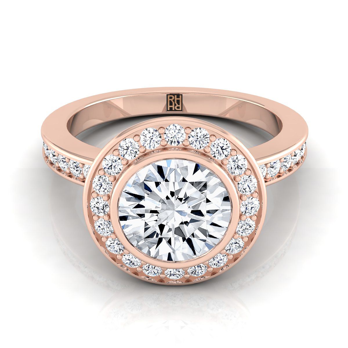 Round Brilliant, Bezel Halo Channel Band, in 14K Rose Gold | RockHer