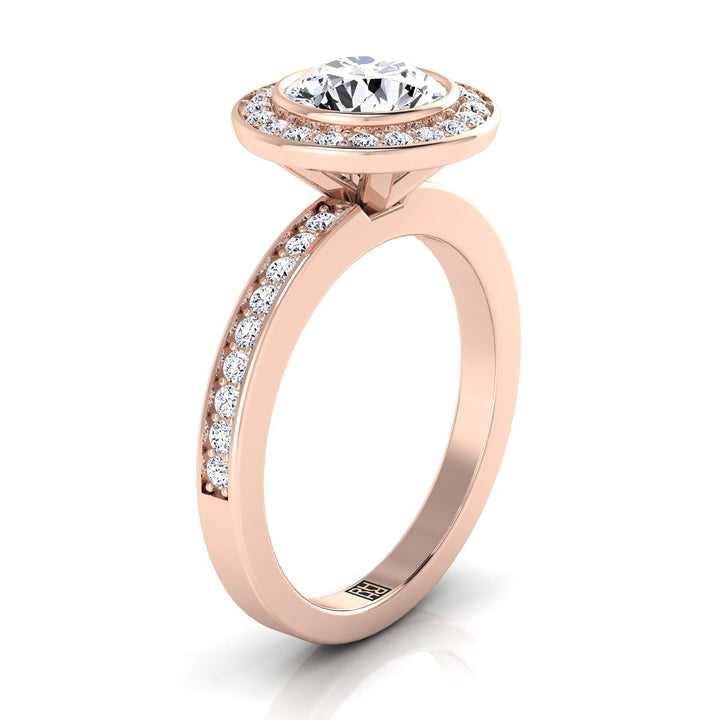 Round Brilliant, Bezel Halo Channel Band, in 14K Rose Gold – side profile | RockHer
