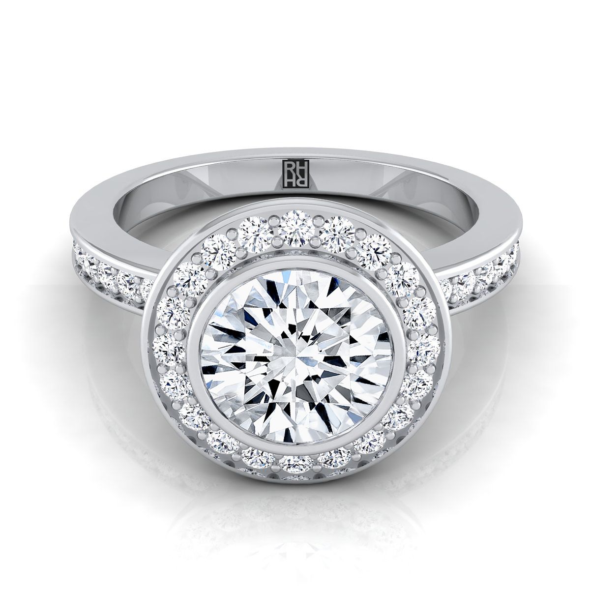 Round Brilliant, Bezel Halo Channel Band, in 18K White Gold | RockHer