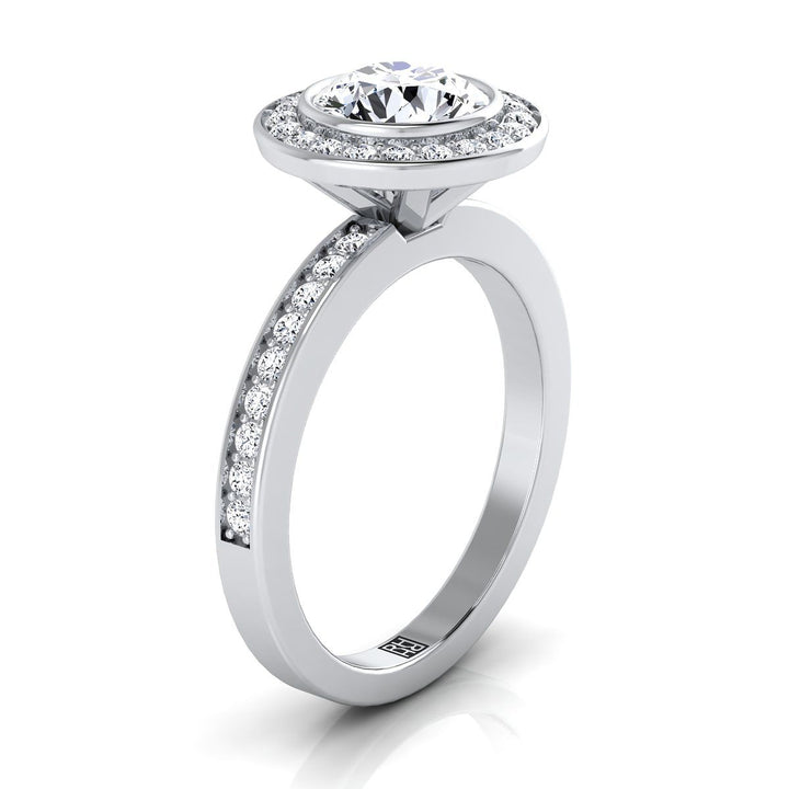 Round Brilliant, Bezel Halo Channel Band, in Platinum – side profile | RockHer