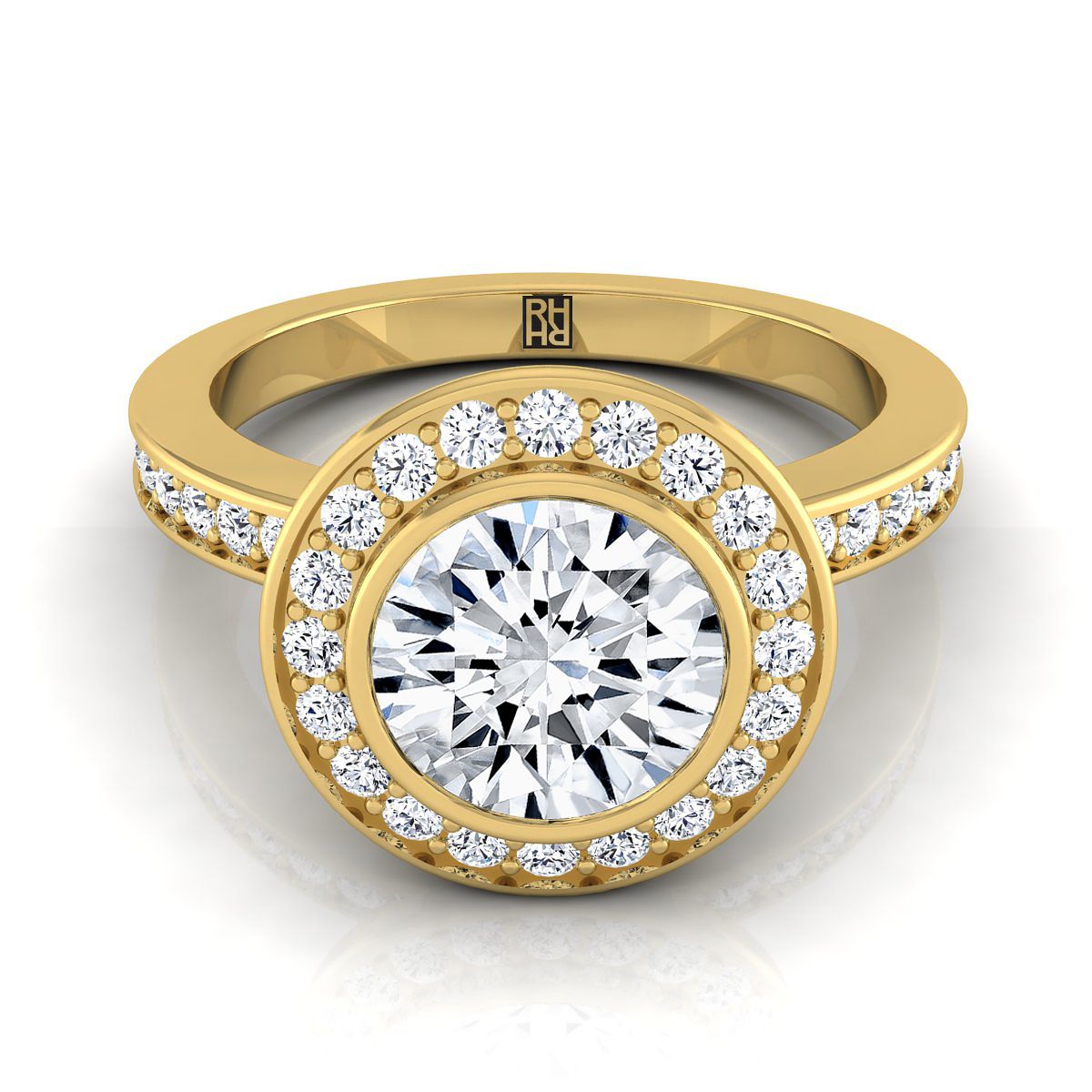 Round Brilliant, Bezel Halo Channel Band, in 18K Yellow Gold | RockHer