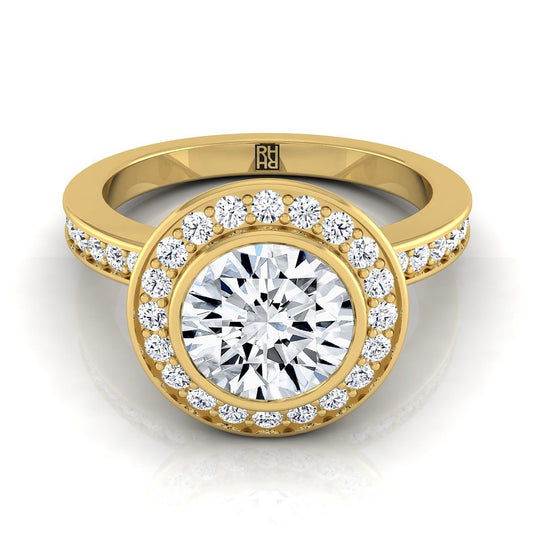 Round Brilliant, Bezel Halo Channel Band, in 18K Yellow Gold | RockHer