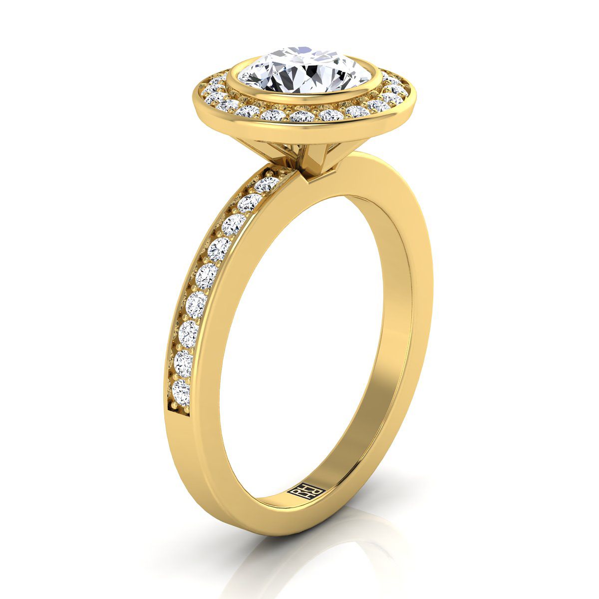 Round Brilliant, Bezel Halo Channel Band, in 18K Yellow Gold – side profile | RockHer