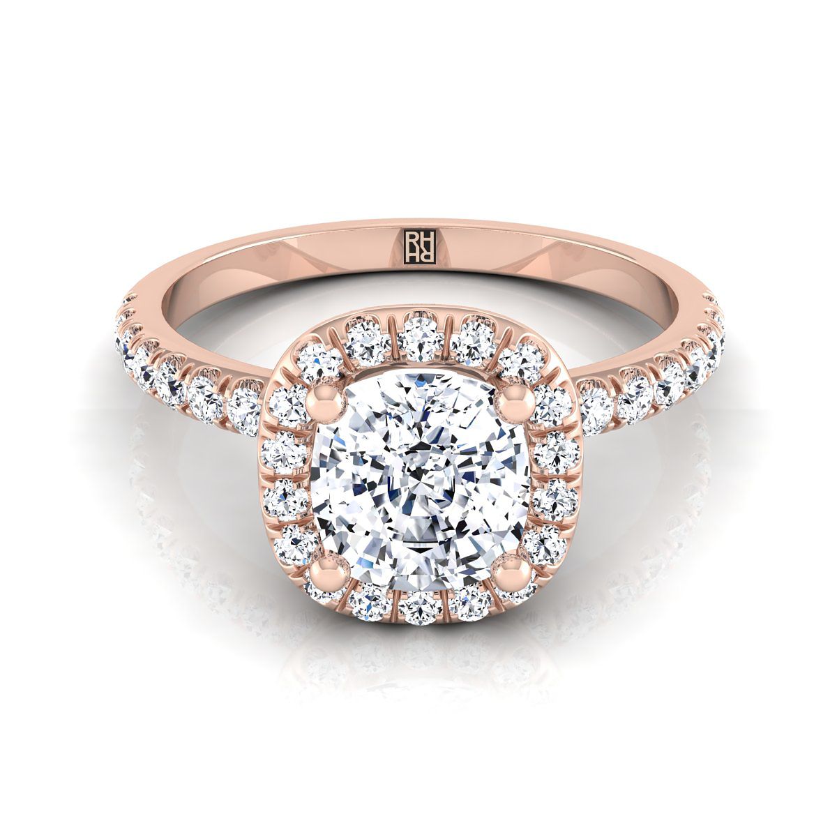 Classic Linear Halo Cushion, in 14K Rose Gold, pave setting | RockHer