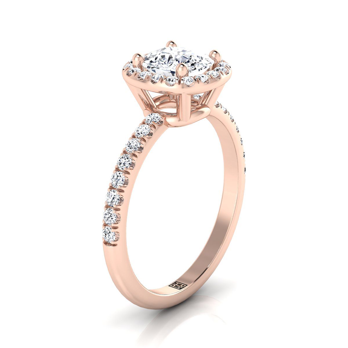 Classic Linear Halo Cushion, in 14K Rose Gold, pave setting – side profile | RockHer