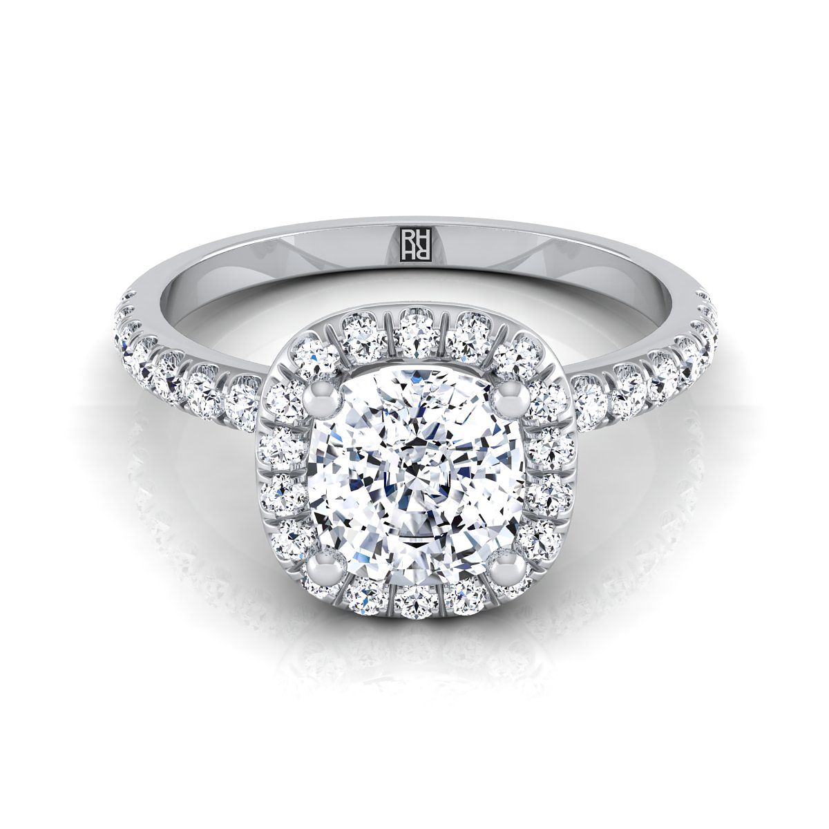 Classic Linear Halo Cushion, in 18K White Gold, pave setting | RockHer