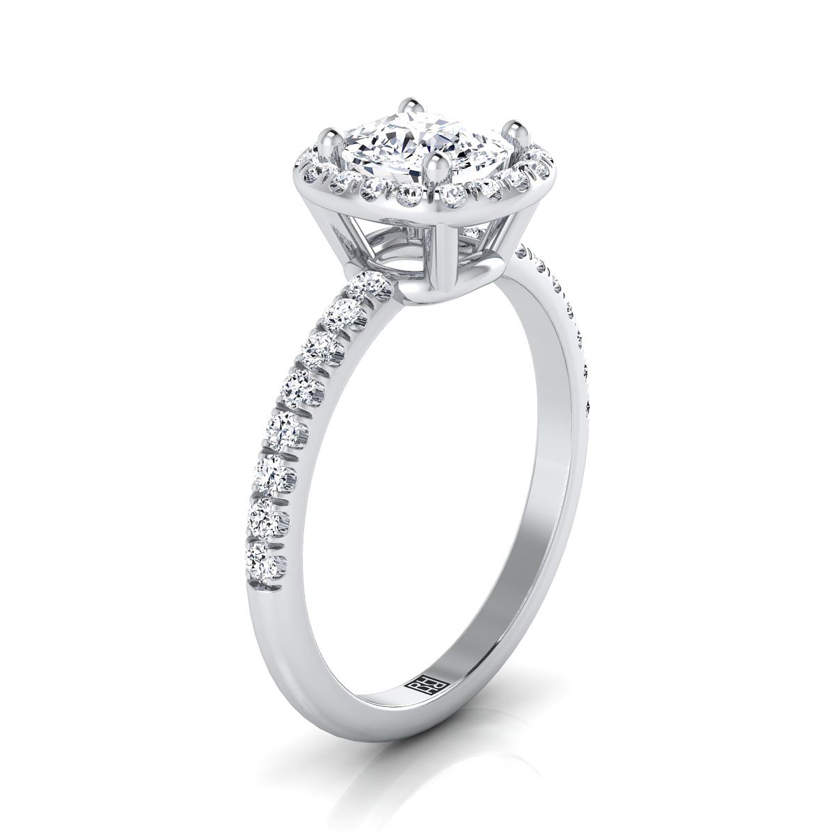 Classic Linear Halo Cushion, in Platinum, pave setting – side profile | RockHer