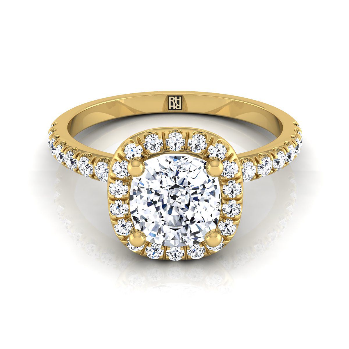 Classic Linear Halo Cushion, in 18K Yellow Gold, pave setting | RockHer
