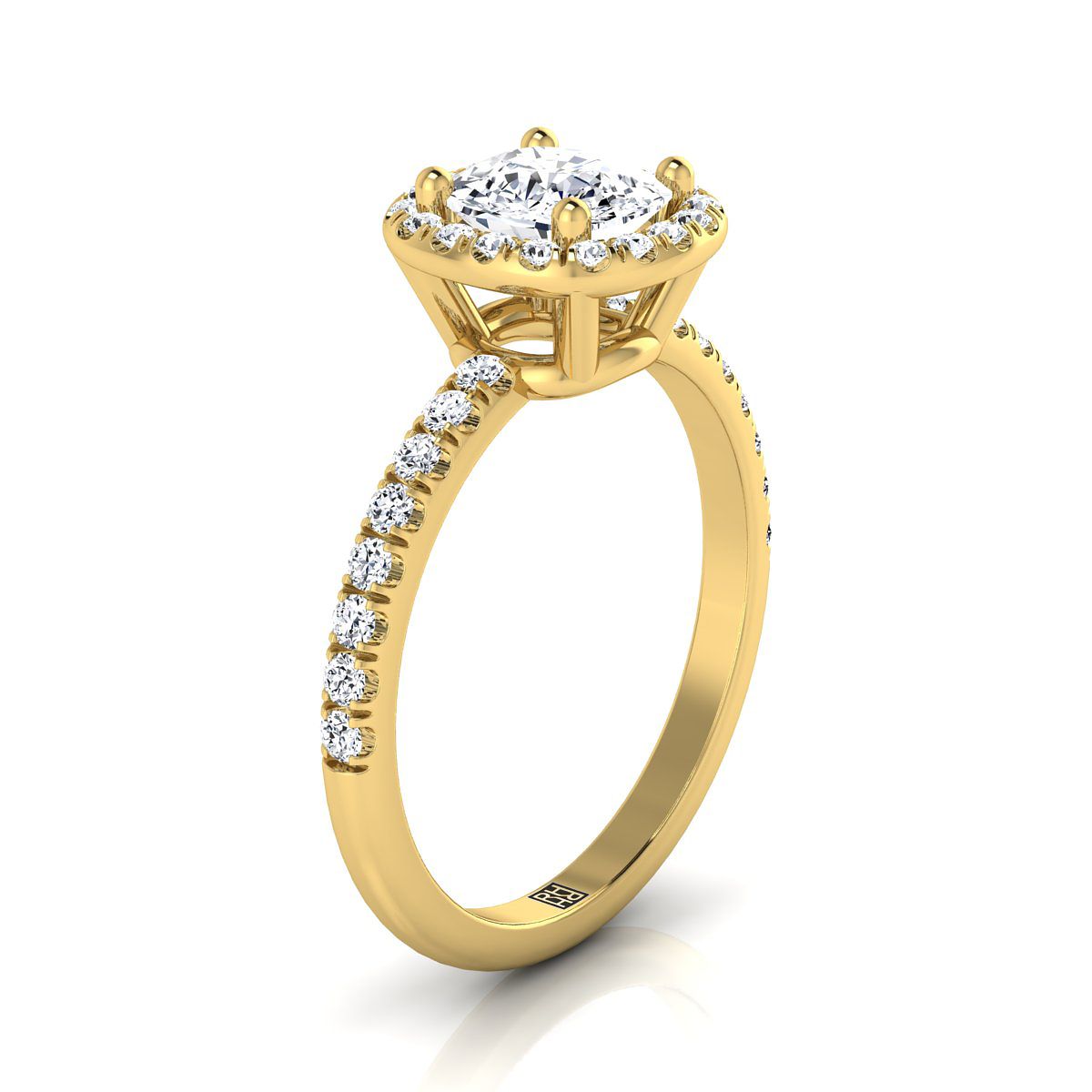 Classic Linear Halo Cushion, in 18K Yellow Gold, pave setting – side profile | RockHer