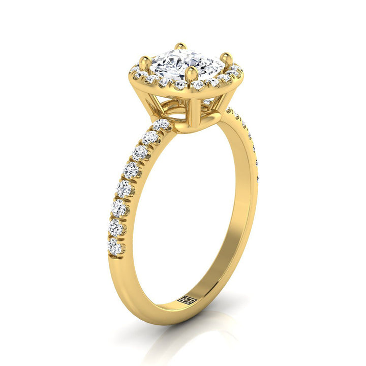 Classic Linear Halo Cushion, in 18K Yellow Gold, pave setting – side profile | RockHer