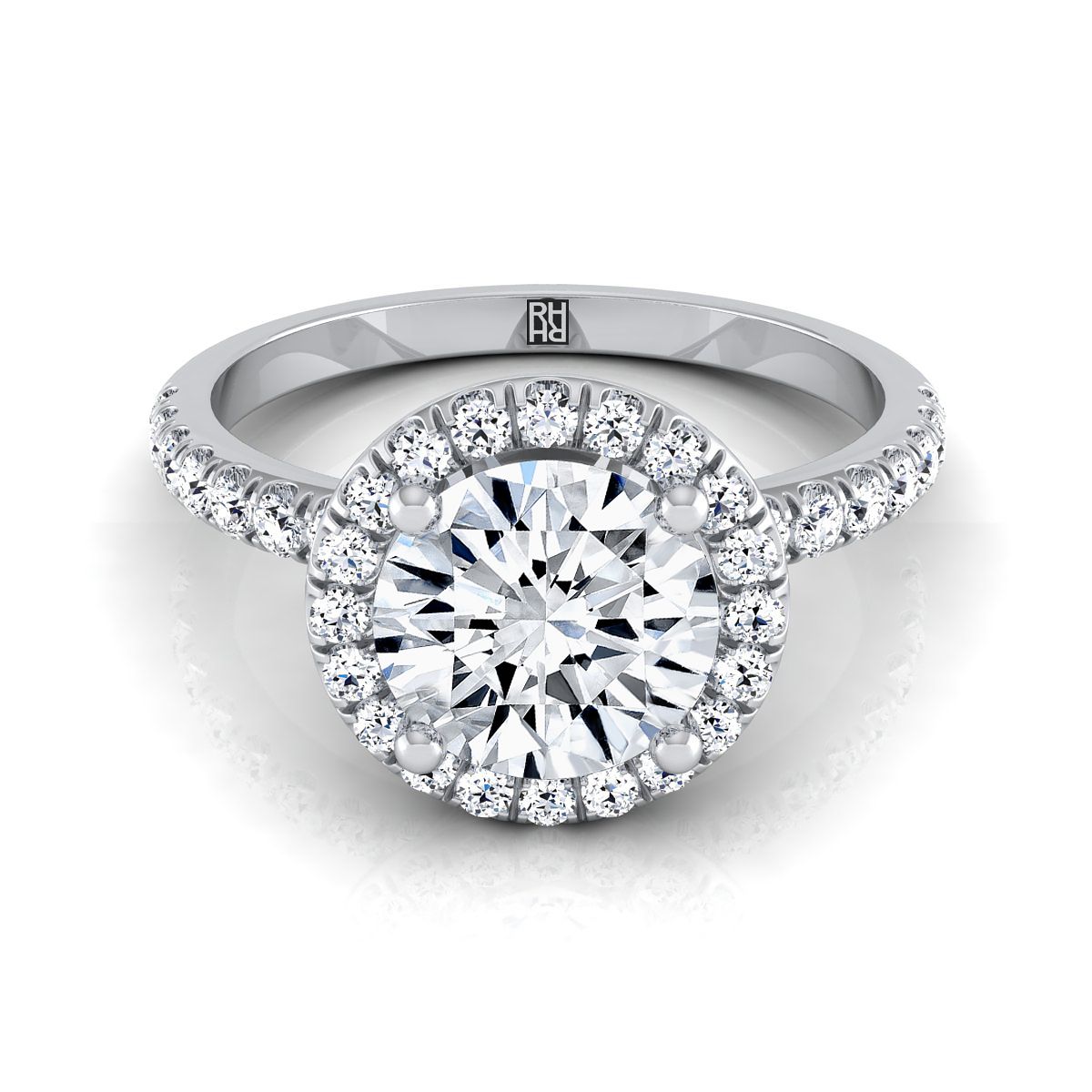 Round Brilliant, Classic Linear Halo, in 18K White Gold, pave setting | RockHer