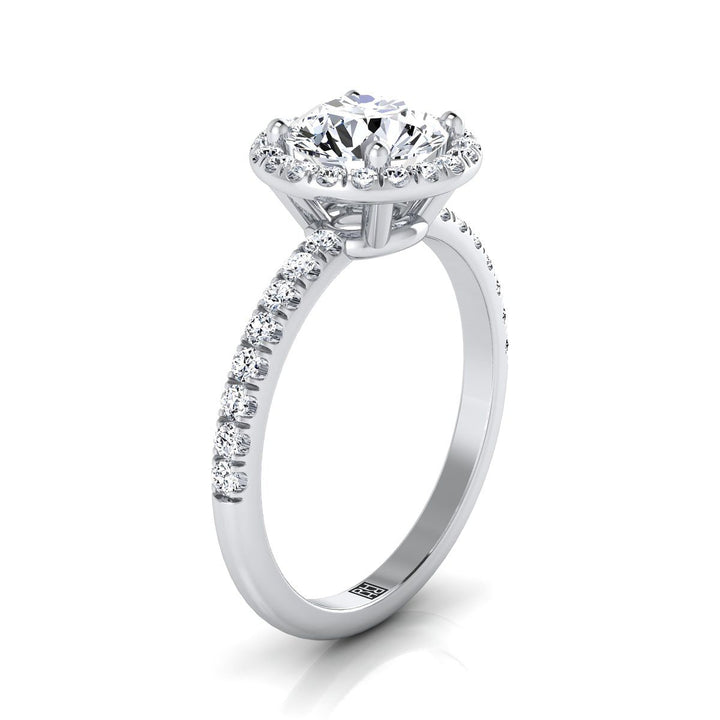 Round Brilliant, Classic Linear Halo, in 18K White Gold, pave setting – side profile | RockHer