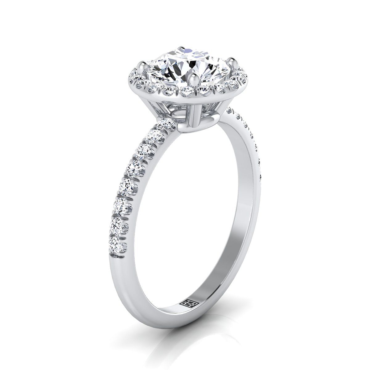 Round Brilliant, Classic Linear Halo, in Platinum, pave setting – side profile | RockHer