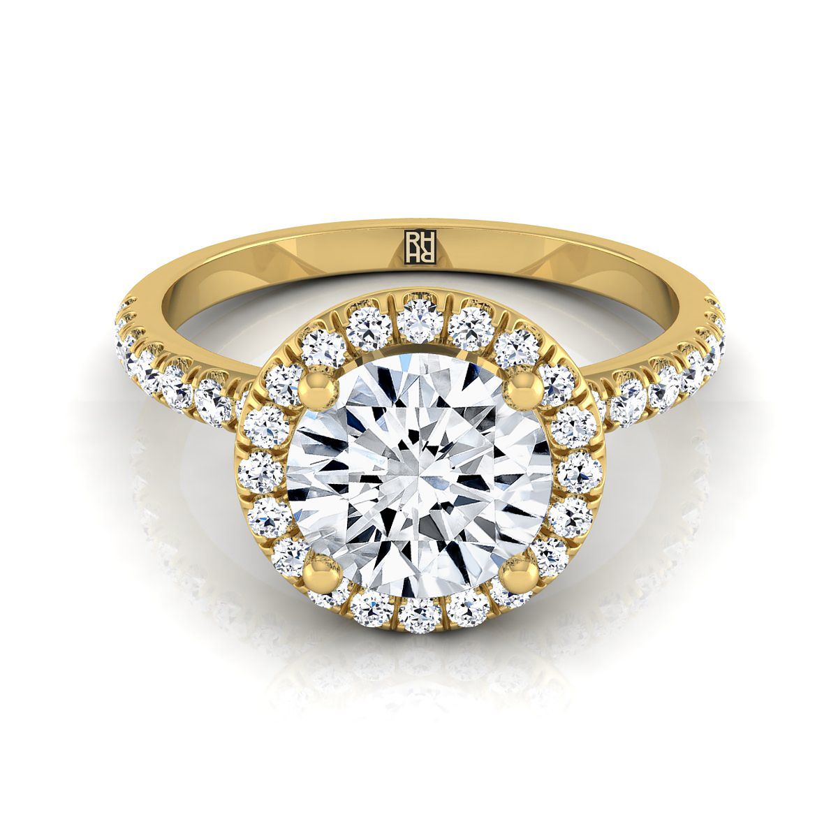 Round Brilliant, Classic Linear Halo, in 18K Yellow Gold, pave setting | RockHer