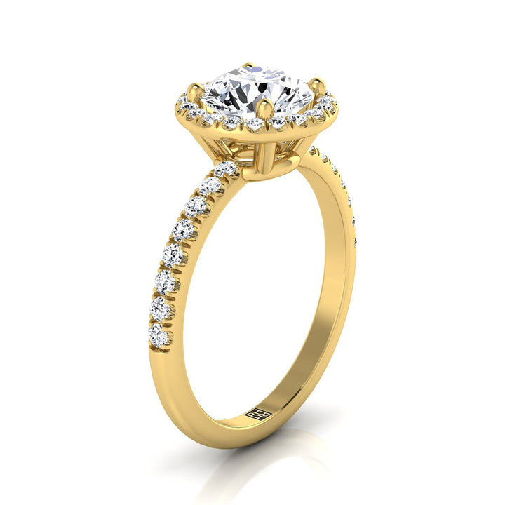 Round Brilliant, Classic Linear Halo, in 18K Yellow Gold, pave setting – side profile | RockHer