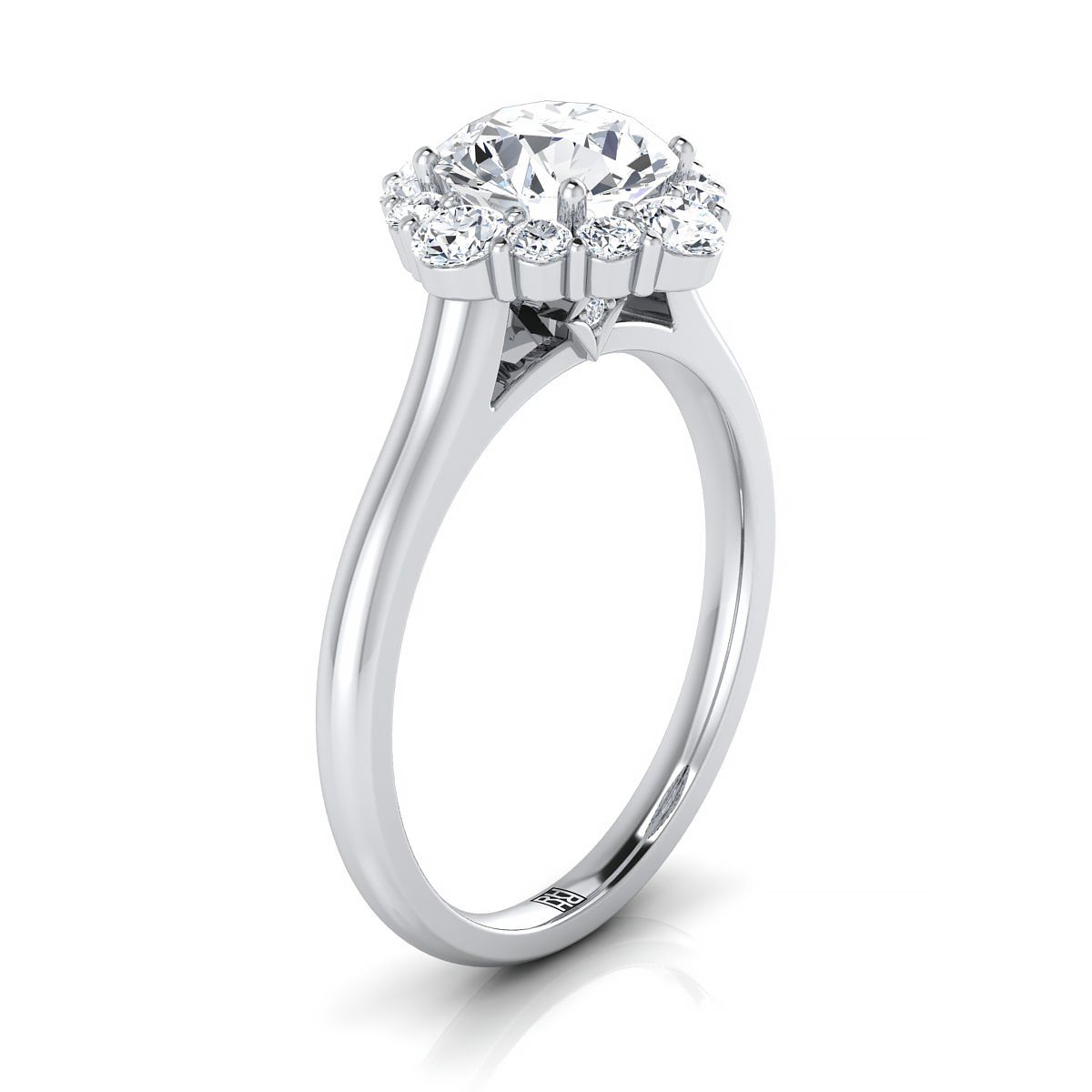 แหวนหมั้นทองคำขาว 14K ทรงกลมเจียระไนแบบ Brilliant พร้อมเพชรสี่เหลี่ยมล้อมรอบและเพชรลับขนาด 1/2 กะรัต