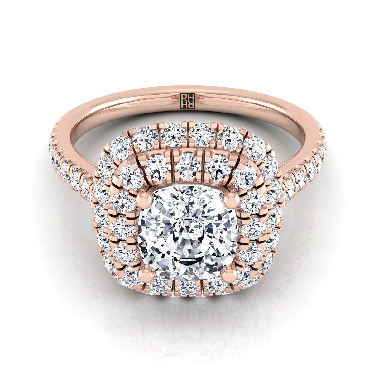 Double Halo Linear Pavé Cushion, in 14K Rose Gold, pave setting | RockHer