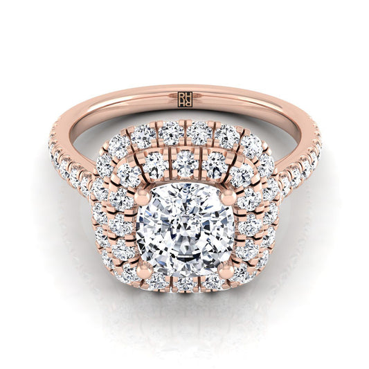 Double Halo Linear Pavé Cushion, in 14K Rose Gold, pave setting | RockHer
